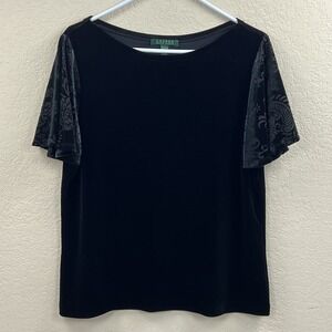 NEW Ralph Lauren Top Women's XL Black‎ Velvet Flutter Sleeve Formal Blouse Shirt
